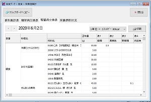 栄養価集計の選択画面（食品群別集計表、食品交換表、栄養摂取状況）