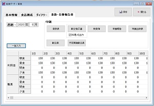 食数の入力と各種帳票の選択画面